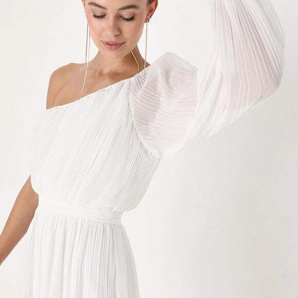 NWT Lulus Always Loving You White Pleated One Shoulder MIDI Dress Sz M Host Pick - Picture 5 of 13